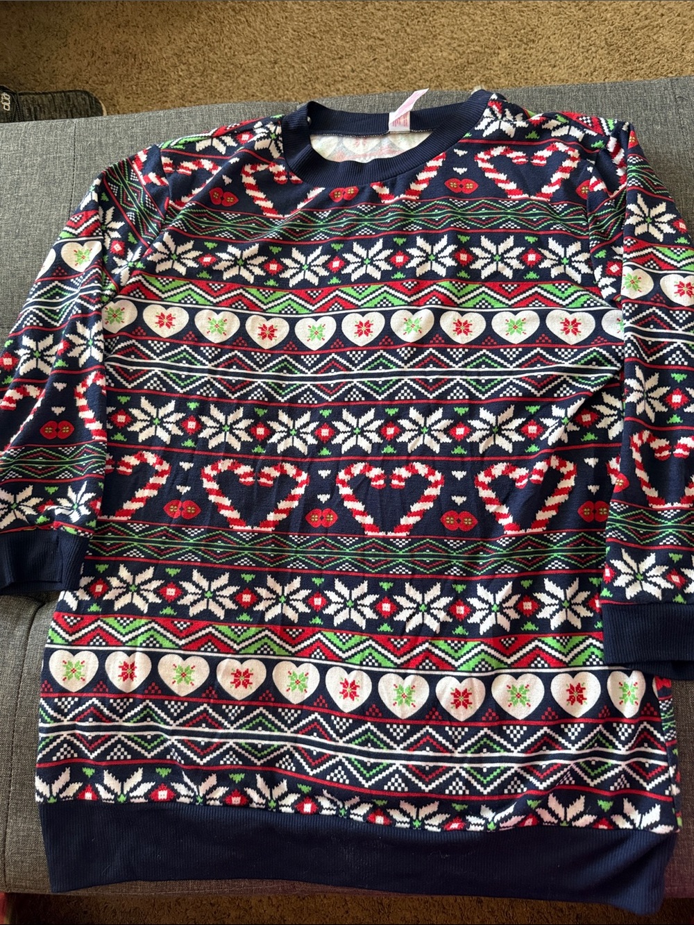 No Boundaries Navy Holiday Sweater with Red and Green Accents